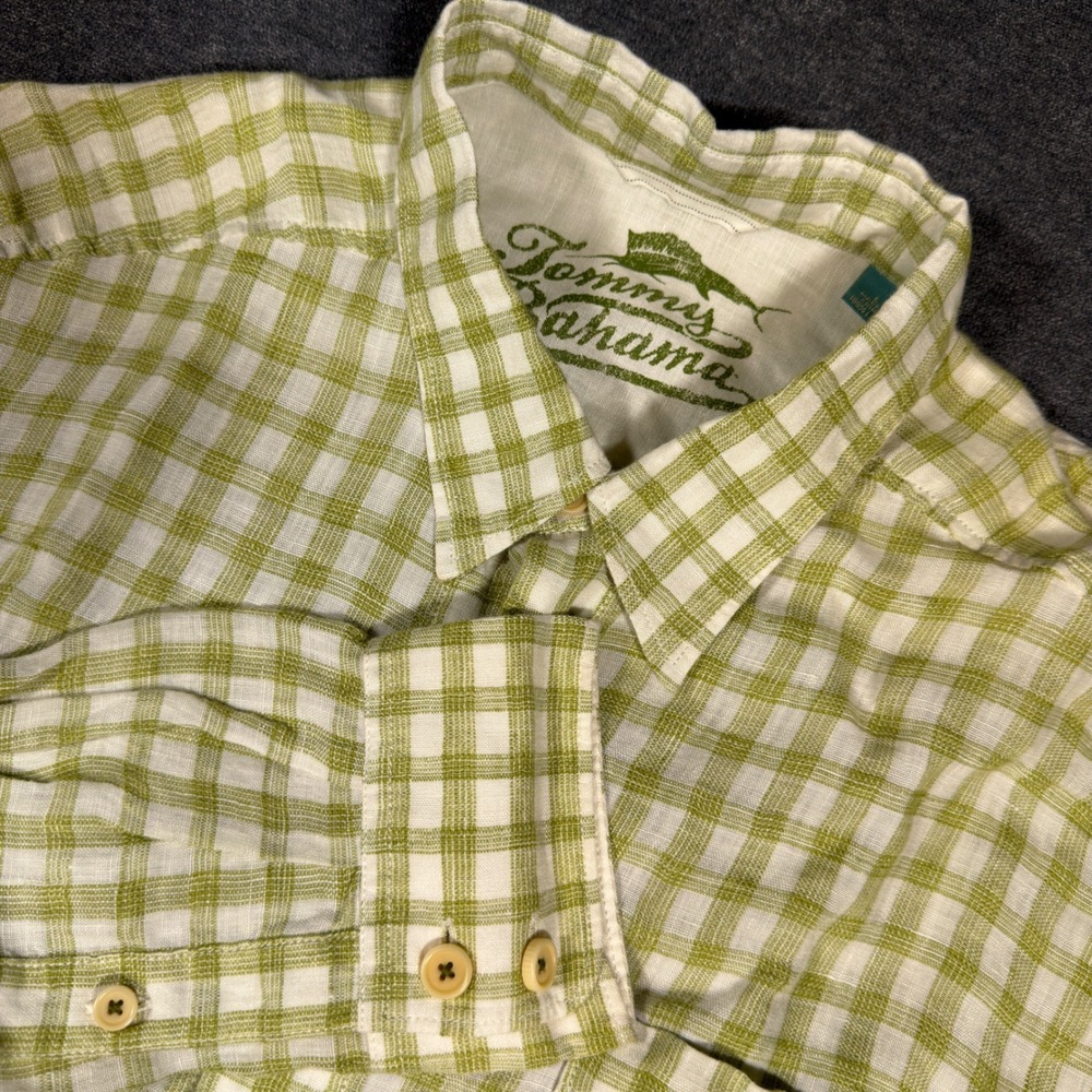 Tommy Bahama Button Up Shirt Mens Large Green Check 100% Linen Long Sleeve Beach